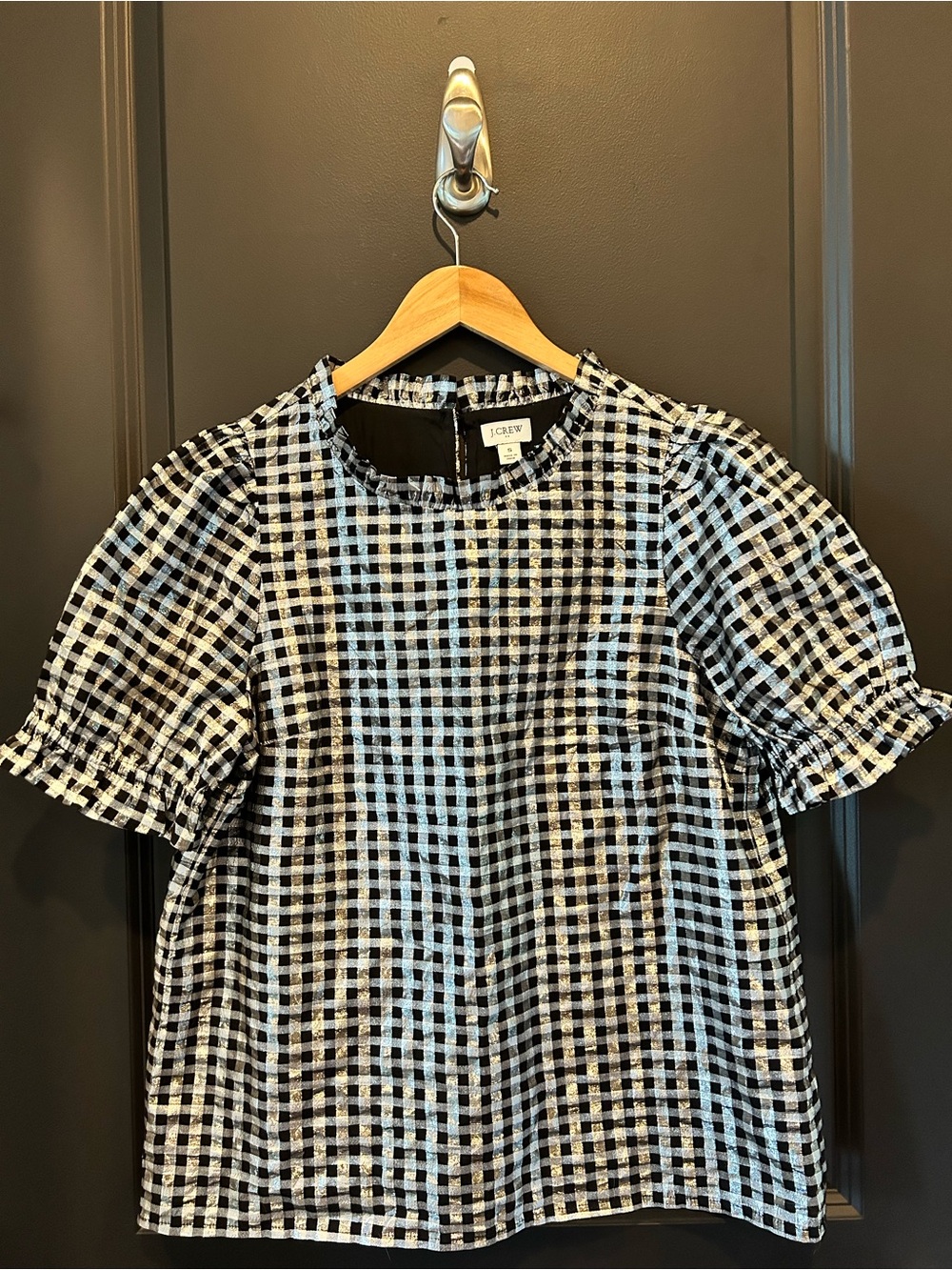 J. Crew Black and Silver Gingham Puff Sleeve Blouse NEW wo tags